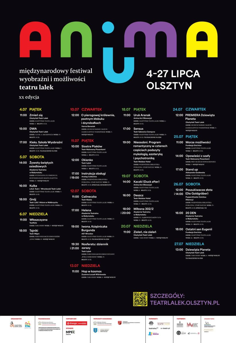 Program wydarzenia ANIMA Międzynarodowego Festiwalu Wyobraźni i Możliwości Teatru Lalek Olsztyn 2025.