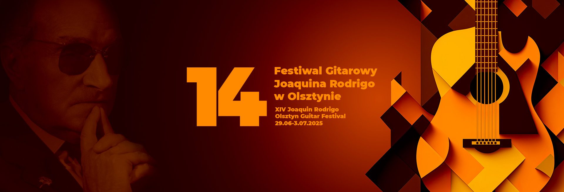Plakat zapraszający w dniach od 29 czerwca do 3 lipca 2025 r. do Olsztyna na Festiwal Gitarowy Joaquina Rodrigo Filharmonia Olsztyn 2025. 