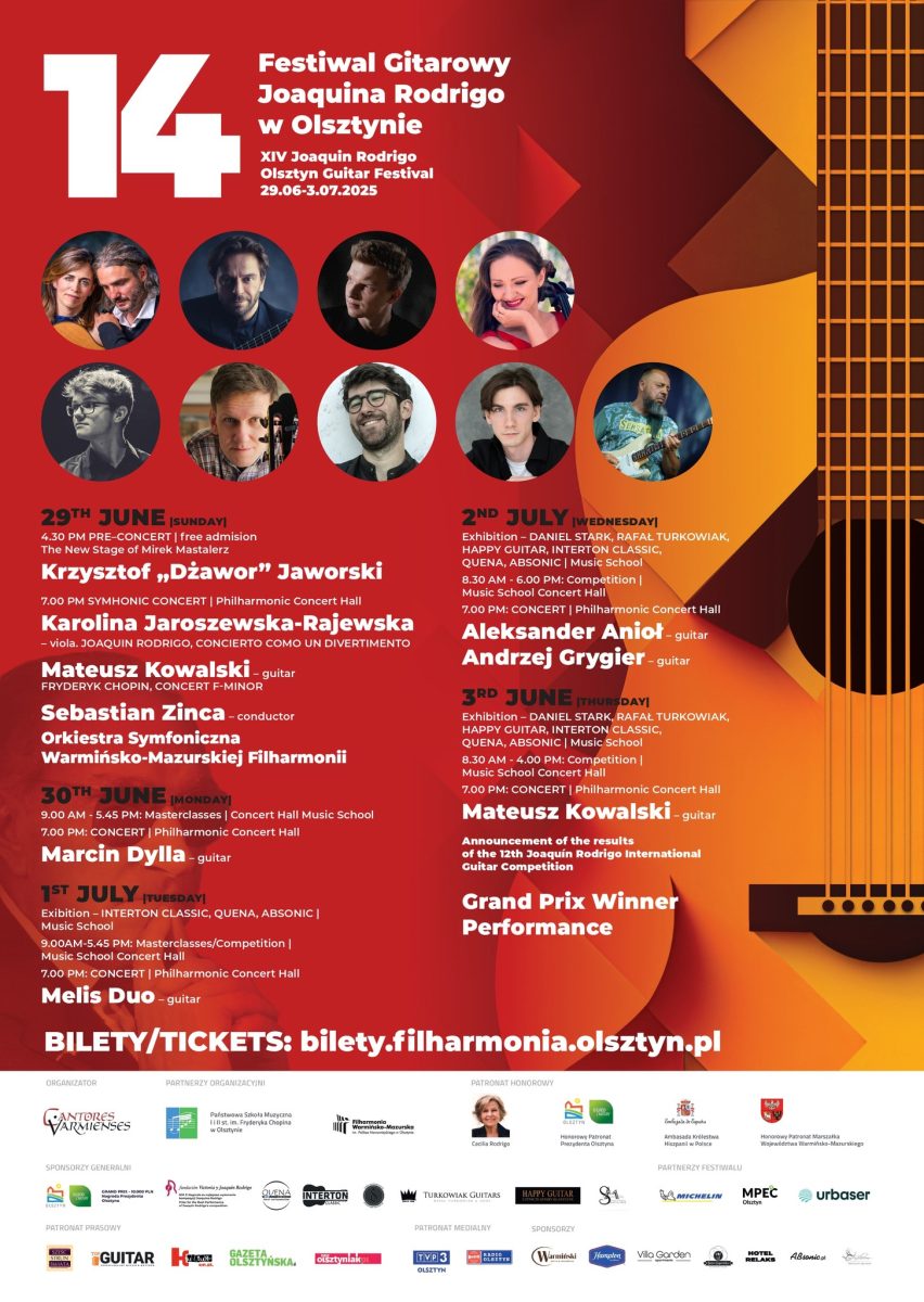 Plakat zapraszający w dniach od 29 czerwca do 3 lipca 2025 r. do Olsztyna na Festiwal Gitarowy Joaquina Rodrigo Filharmonia Olsztyn 2025. 