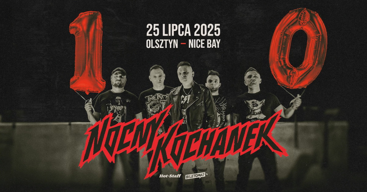 Plakat zapraszający w piątek 25 lipca 2025 r. do Olsztyna na koncert zespołu Nocny Kochanek Olsztyn 2025. 