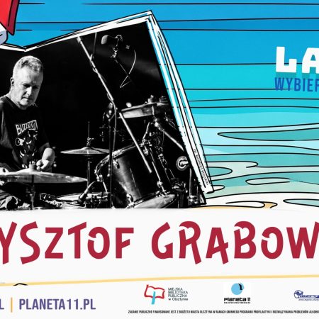 Plakat zapraszający w czwartek 3 lipca 2025 r. do Olsztyna na spotkanie z Krzysztofem Grabowskim z cyklu Latem Wybieram Kulturę Planeta 11 Olsztyn 2025.