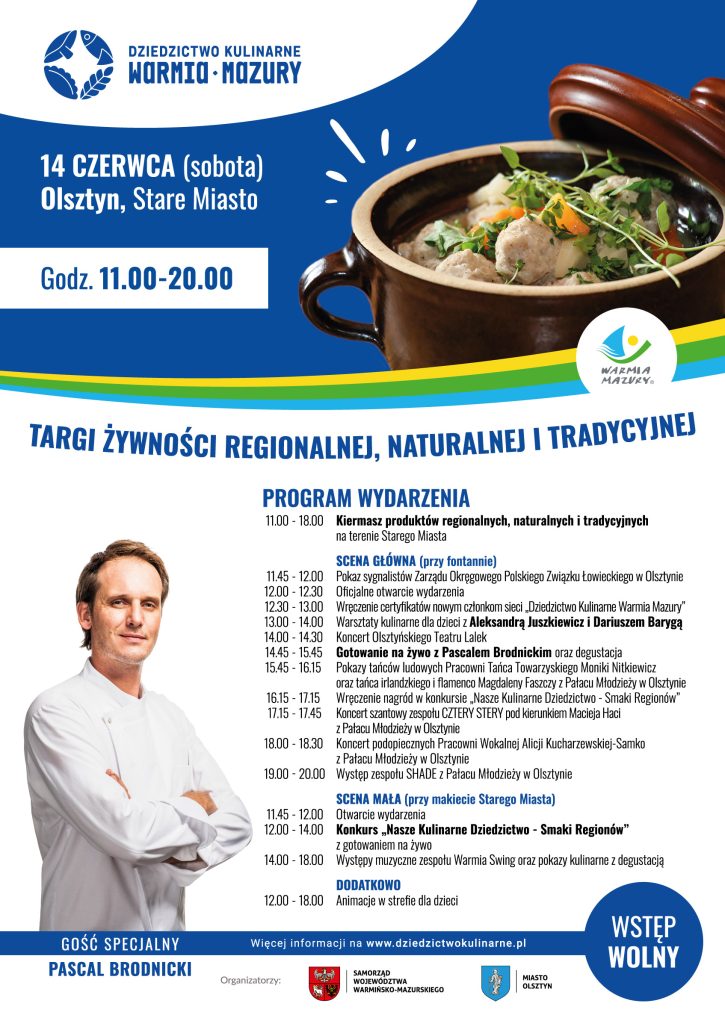Plakat zapraszający w sobotę 14 czerwca 2025 r. do Olsztyna na Targi Żywności Regionalnej, Naturalnej i Tradycyjnej Olsztyn 2025. 
