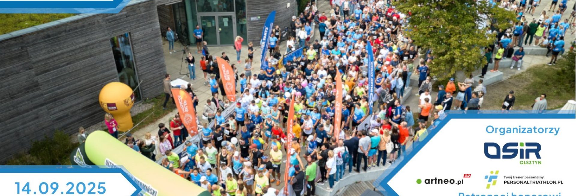 Plakat zapraszający w niedzielę 14 września 2025 r. do Olsztyna na 9. edycję Ukiel Olsztyn Półmaraton Olsztyn 2025.