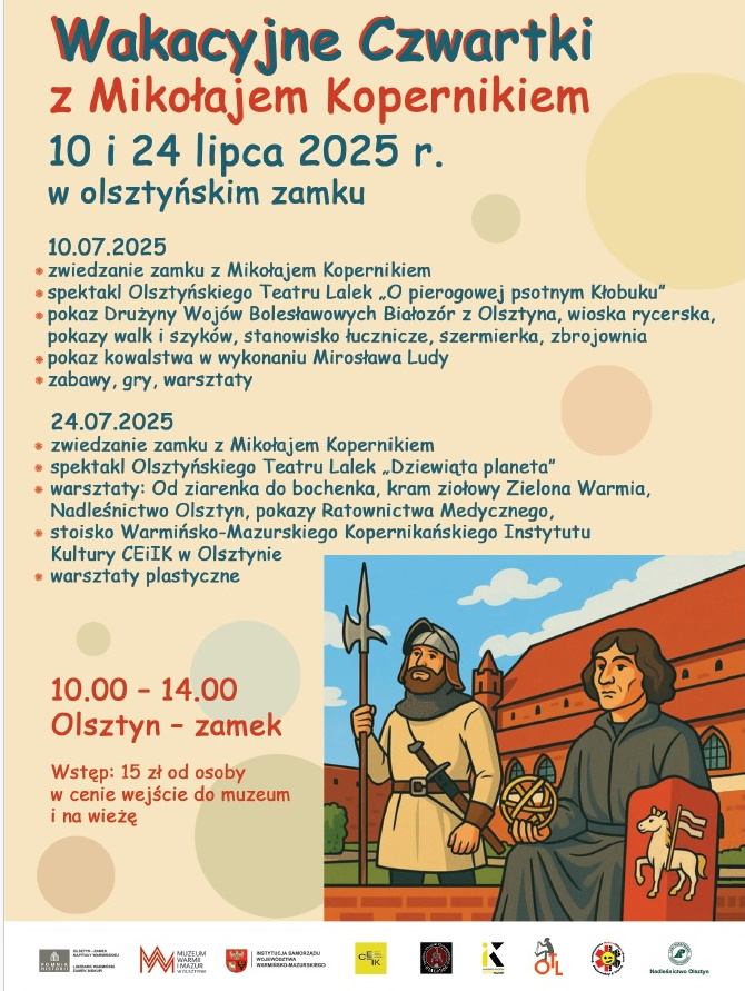 Plakat zapraszający do Olsztyna na Wakacyjne Czwartki z Mikołajem Kopernikiem Zamek Olsztyn 2025.