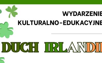 Plakat zapraszający w poniedziałek 9 czerwca 2025 r. do Olsztyna na wydarzenie kulturalno-edukacyjne "Duch Irlandii" Planeta 11 Biblioteka Olsztyn 2025.  