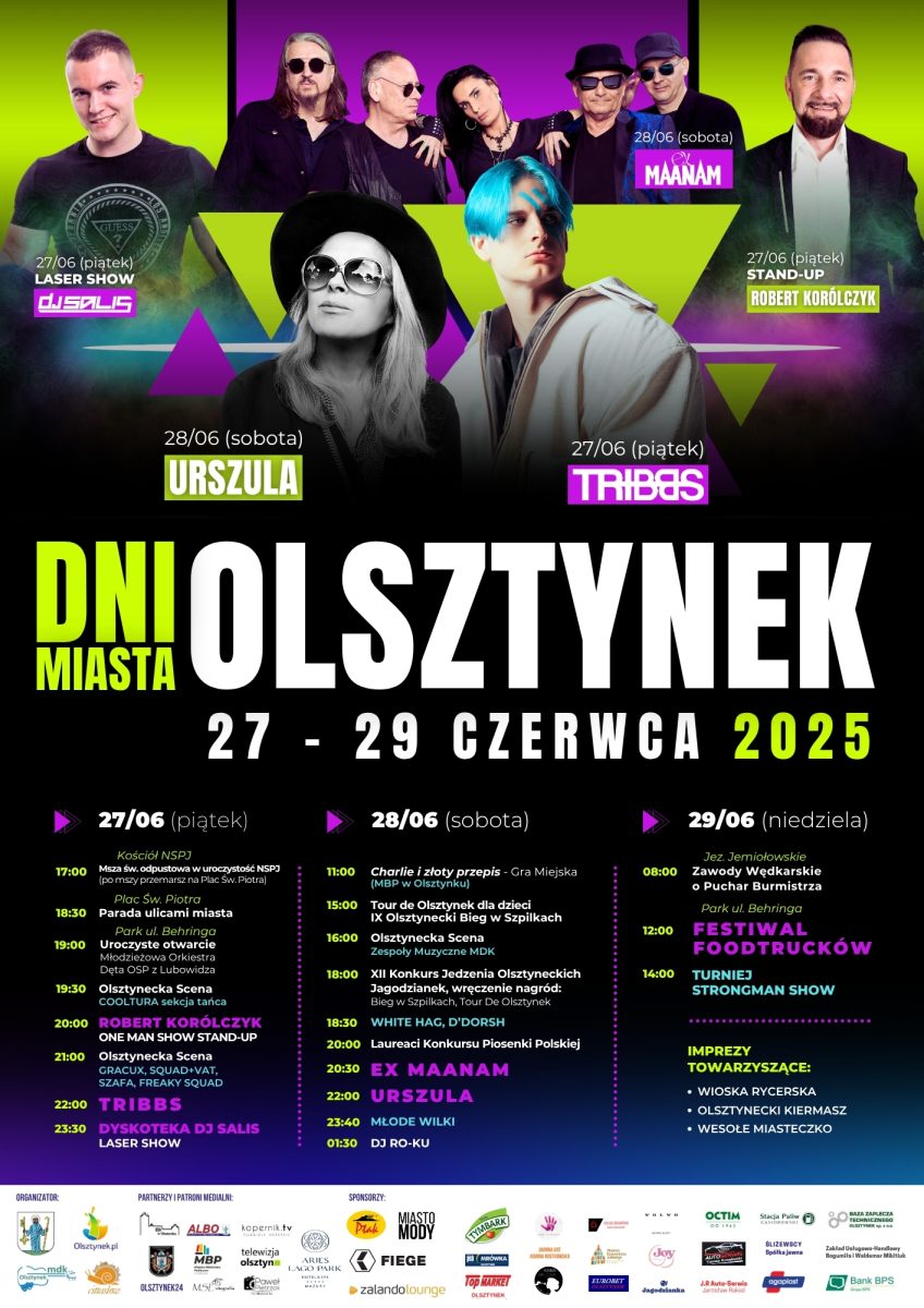 Plakat zapraszający w dniach 27-29 czerwca 2025 r. do Olsztynka na Dni Miasta Olsztynek 2025.