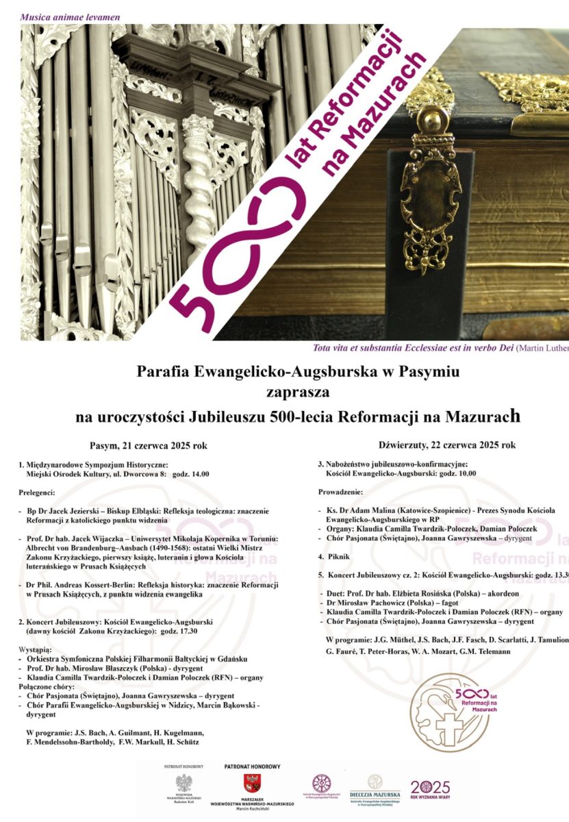 Plakat zapraszający na Uroczystości Jubileuszu 500-lecia Reformacji na Mazurach. 