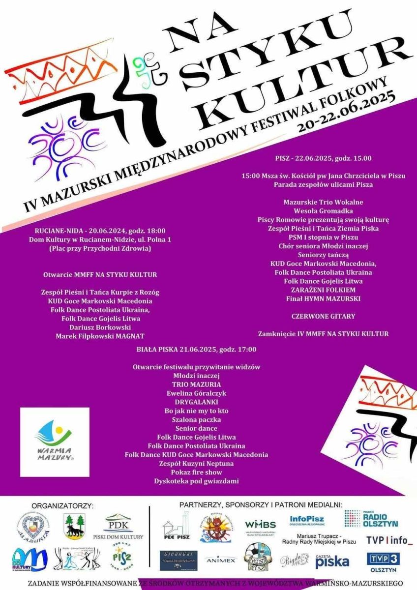 Plakat zapraszający w dniach 20-22 czerwca 2025 r. do Pisza na Mazurski Międzynarodowy Festiwal Folkowy Na Styku Kultur Pisz 2025.