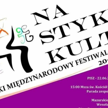 Plakat zapraszający w dniach 20-22 czerwca 2025 r. do Pisza na Mazurski Międzynarodowy Festiwal Folkowy Na Styku Kultur Pisz 2025.