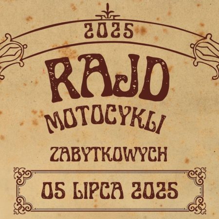 Plakat zapraszający w sobotę 5 lipca 2025 r. do Pisza na Rajd Motocykli Zabytkowych Pisz 2025.