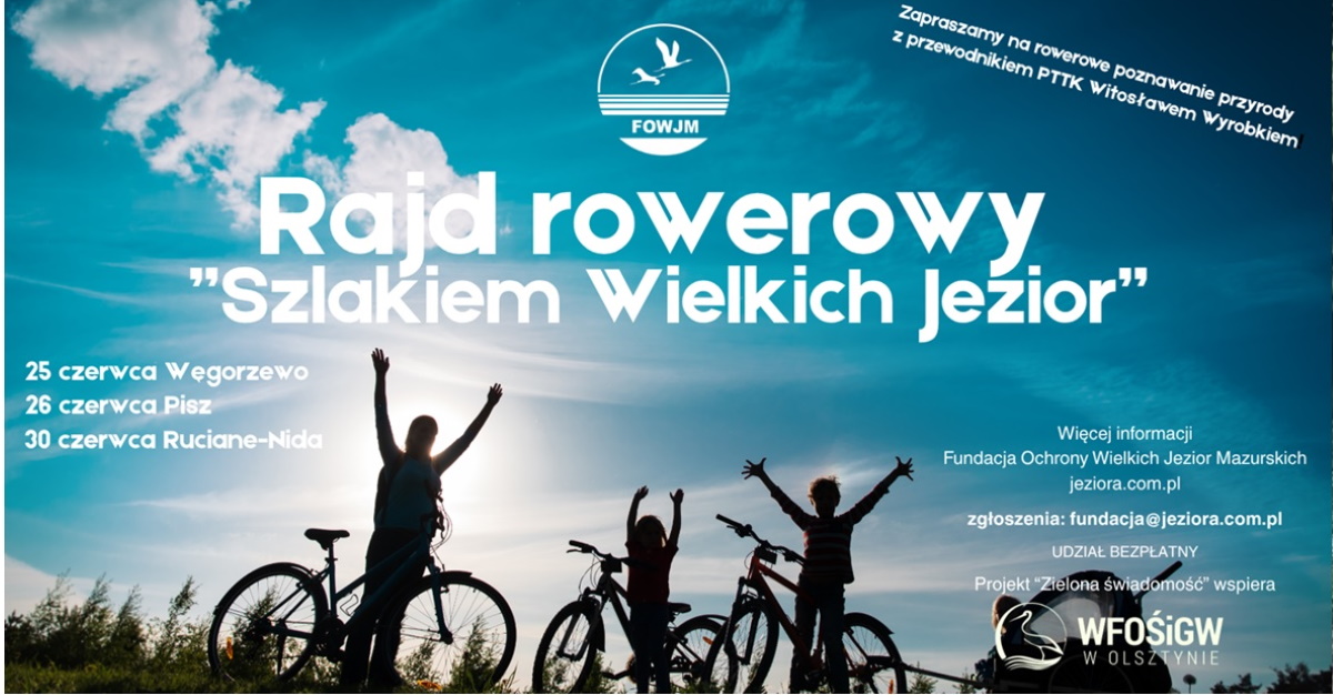 Plakat zapraszający na Rajd rowerowy “Szlakiem Wielkich Jezior” Węgorzewo Pisz Ruciane-Nida 2025 