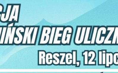 Plakat zapraszający w sobotę 12 lipca 2025 r. do Reszla na 5. edycję Warmińskiego Biegu Ulicznego Reszel 2025.
