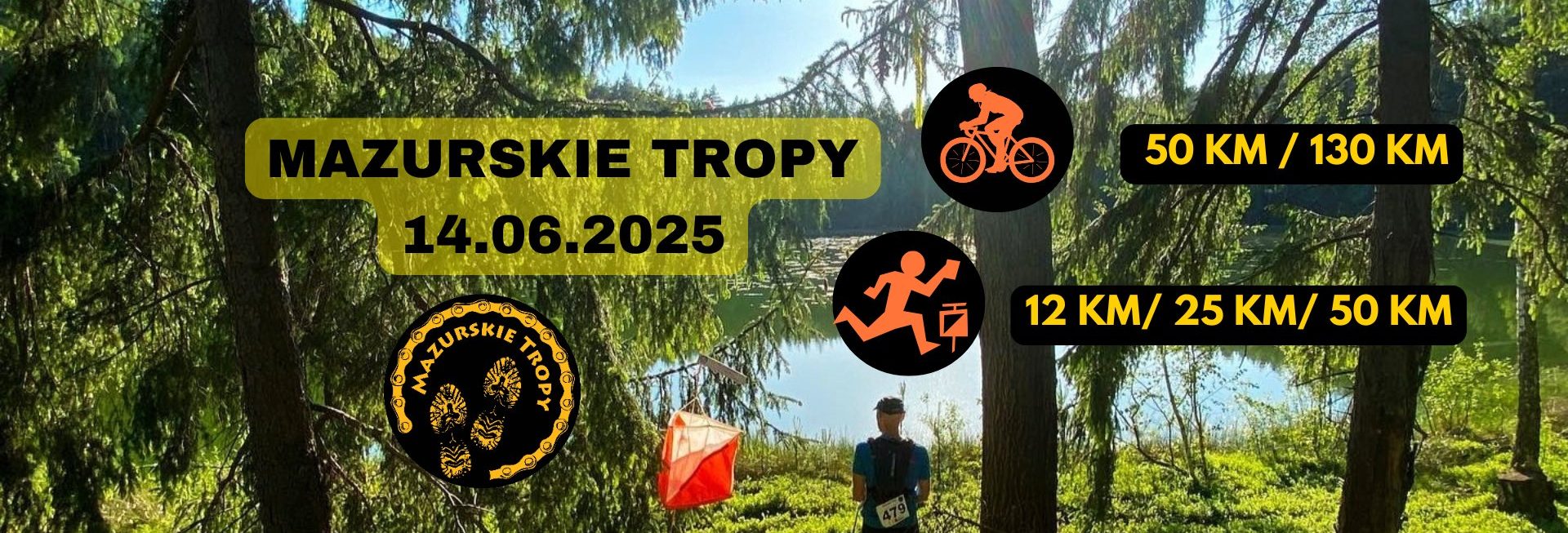 Plakat zapraszający w sobotę 14 czerwca 2025 r. do miejscowości Samborowo koło Ostródy na Długodystansowy Rajd na Orientację Mazurskie Tropy Samborowo 2025.