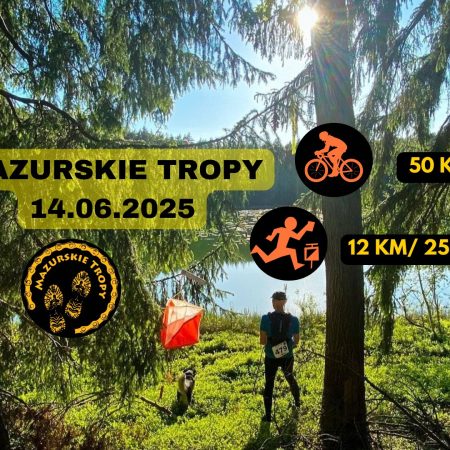 Plakat zapraszający w sobotę 14 czerwca 2025 r. do miejscowości Samborowo koło Ostródy na Długodystansowy Rajd na Orientację Mazurskie Tropy Samborowo 2025.