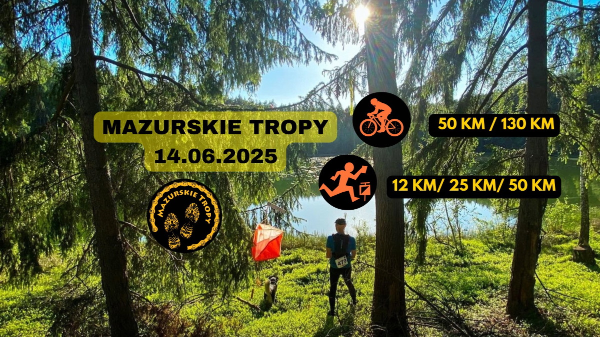Plakat zapraszający w sobotę 14 czerwca 2025 r. do miejscowości Samborowo koło Ostródy na Długodystansowy Rajd na Orientację Mazurskie Tropy Samborowo 2025.
