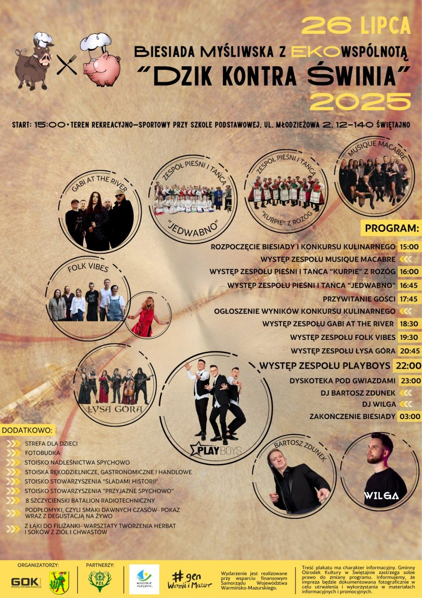 Plakat zapraszający w dniach 26-27 lipca 2025 r. do Świętajna na Biesiadę Myśliwską z EKOwspólnotą – DZIK KONTRA ŚWINIA! Świętajno 2025. 