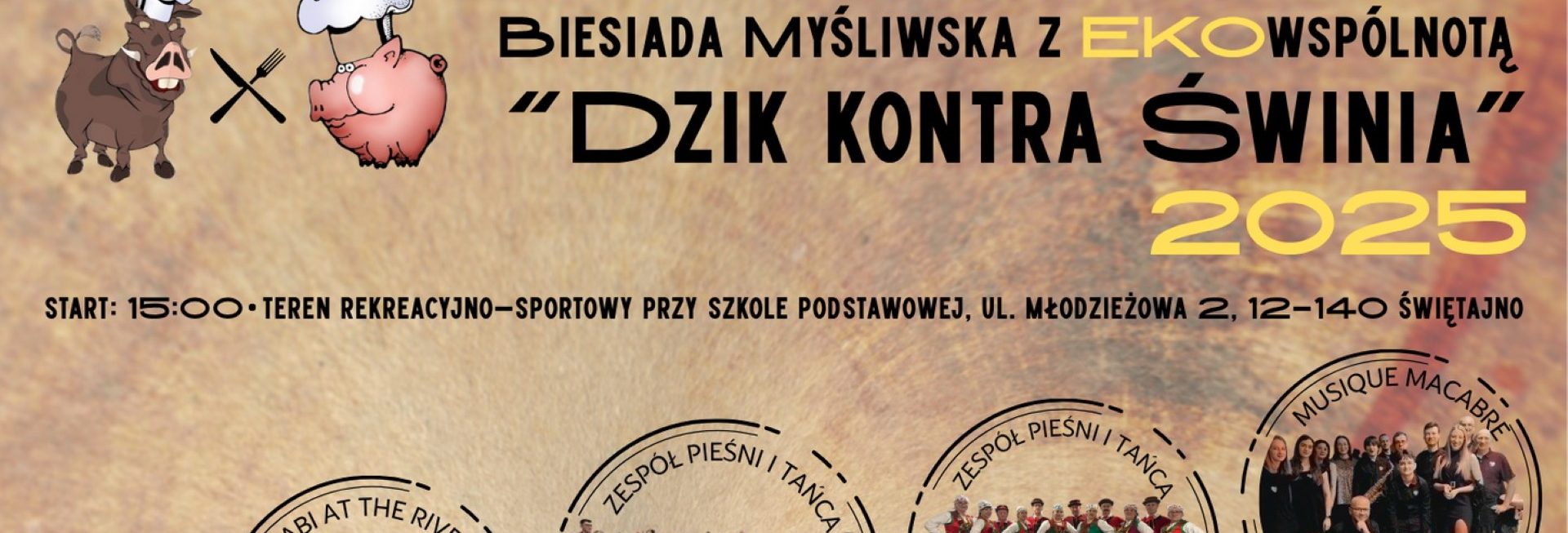 Plakat zapraszający w dniach 26-27 lipca 2025 r. do Świętajna na Biesiadę Myśliwską z EKOwspólnotą – DZIK KONTRA ŚWINIA! Świętajno 2025.