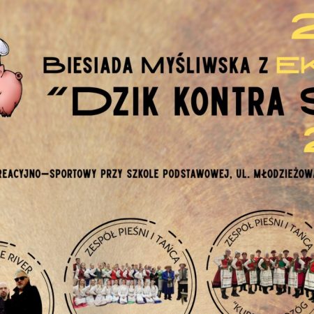 Plakat zapraszający w dniach 26-27 lipca 2025 r. do Świętajna na Biesiadę Myśliwską z EKOwspólnotą – DZIK KONTRA ŚWINIA! Świętajno 2025.