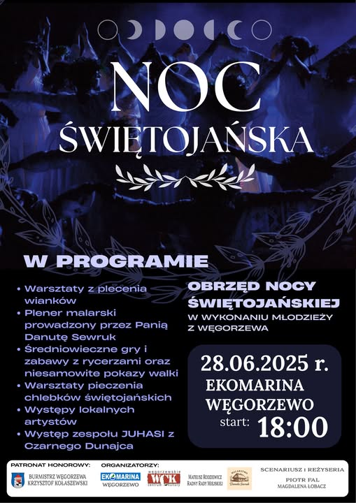 Plakat zapraszający w sobotę 28 czerwca 2025 r. do Węgorzewa na Noc Świętojańską w Ekomarinie Węgorzewo 2025. 