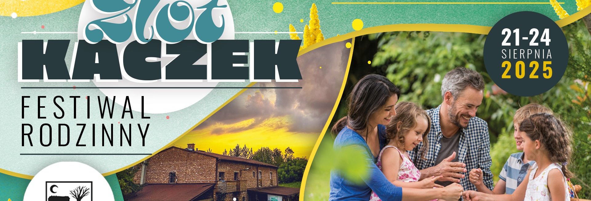 Plakat zapraszający w dniach 21-24 sierpnia 2025 r. do osady Wybodowanie w gminie Kurzętnik na Festiwal Rodzinny “Zlot Kaczek” Wybudowanie 2025.