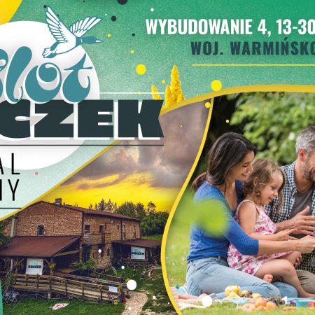 Plakat zapraszający w dniach 21-24 sierpnia 2025 r. do osady Wybodowanie w gminie Kurzętnik na Festiwal Rodzinny “Zlot Kaczek” Wybudowanie 2025.