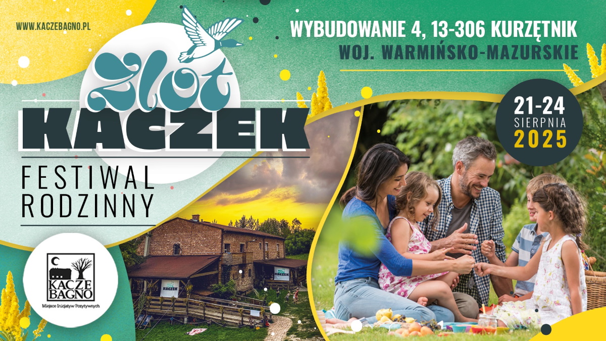 Plakat zapraszający w dniach 21-24 sierpnia 2025 r. do osady Wybodowanie w gminie Kurzętnik na Festiwal Rodzinny “Zlot Kaczek” Wybudowanie 2025.