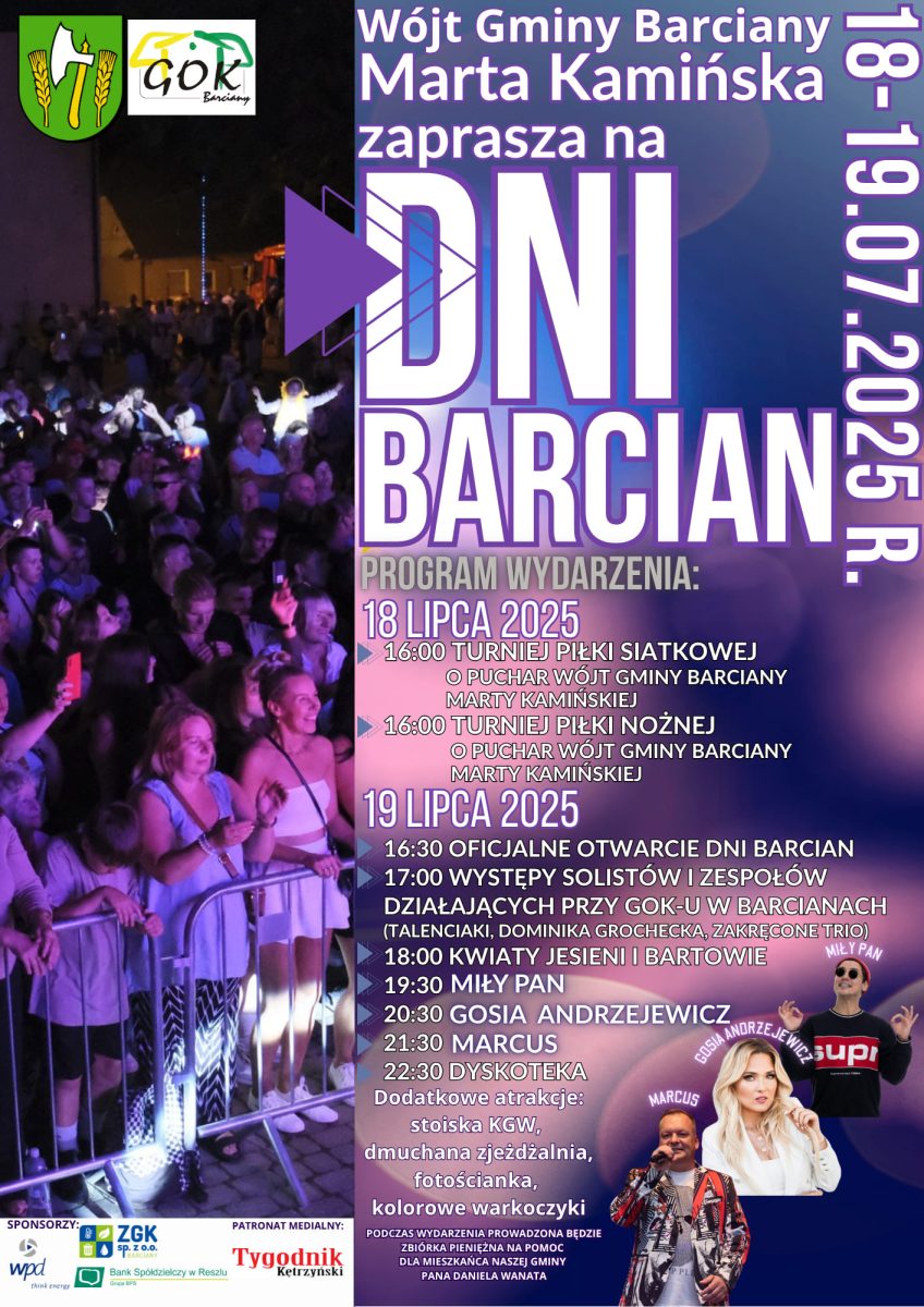 Plakat zapraszający w dniach 18-19 lipca 2025 r. do miejscowości Barciany na Dni Barcian 2025. 