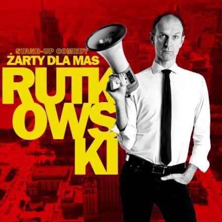 Plakat zapraszający w niedzielę 7 grudnia 2025 r. do Braniewa na Stand-up Rafał Rutkowski "Żarty dla mas" Braniewo 2025.