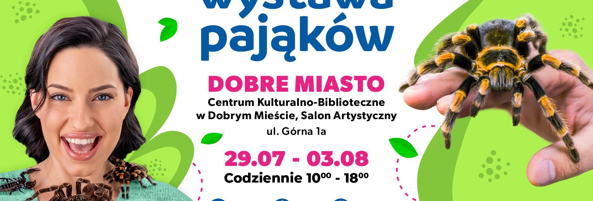Plakat zapraszający w dniach od 29 lipca do 3 sierpnia 2025 r. do Dobrego Miasta na Wystawę Pająków Dobre Miasto 2025.