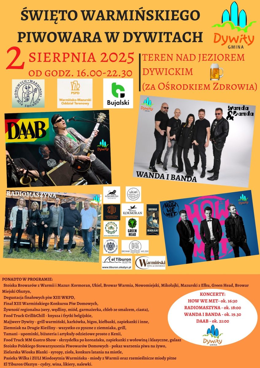 Plakat zapraszający w sobotę 2 sierpnia 2025 r. do Dywit na Święto Warmińskiego Piwowara Dywity 2025.