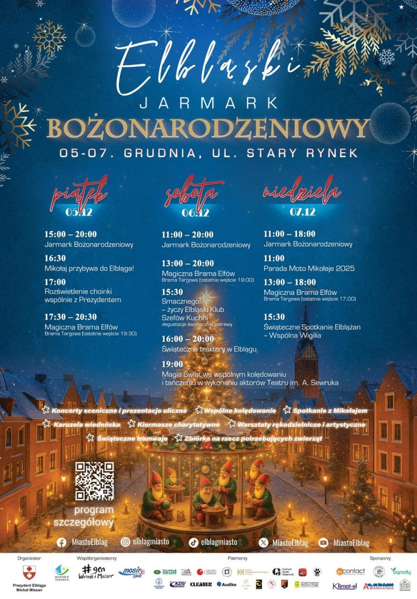 Plakat zapraszający w dniach 5-7 grudnia 2025 r. do Elbląga na Elbląski Jarmark Bożonarodzeniowy Elbląg 2025.