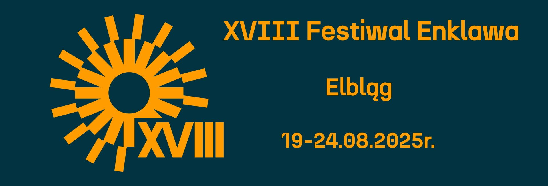 Plakat zapraszający w dniach 19-24 sierpnia 2025 r. do Elbląga na Festiwal Sztuki Nowocyrkowej - Enklawa Elbląg 2025.