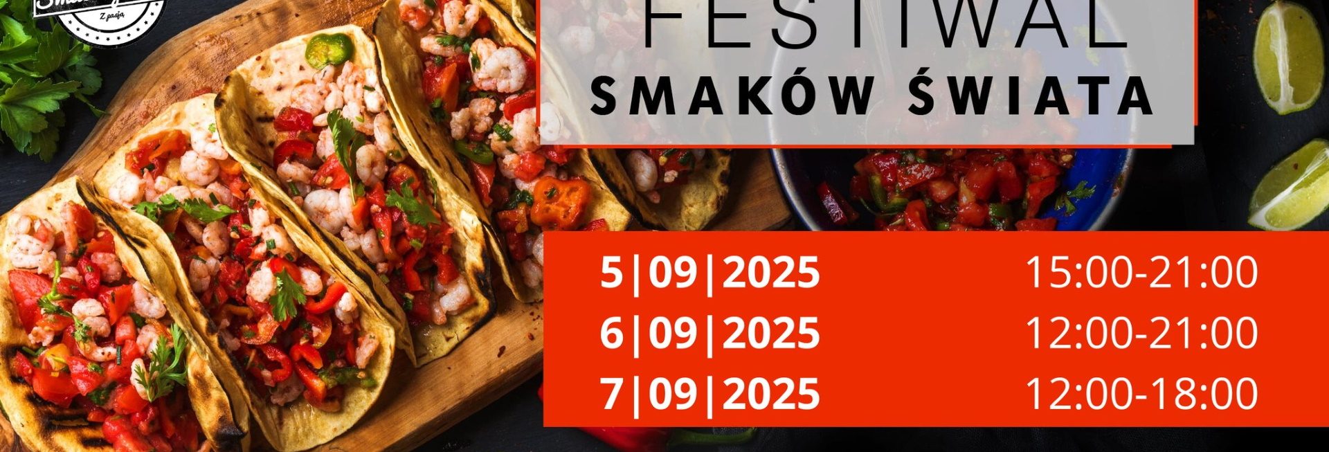 Plakat zapraszający w dniach 5-7 września 2025 r. do Elbląga na Festiwal Smaków Świata Elbląg 2025.