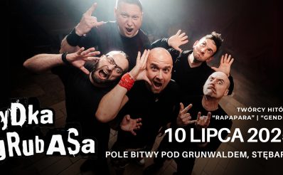 Plakat zapraszający w czwartek 10 lipca 2025 r. do Amfiteatru w Grunwaldzie na koncert zespołu Łydka Grubasa Grunwald 2025.