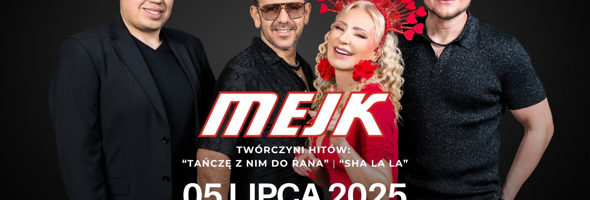 Plakat zapraszający w sobotę 5 lipca 2025 r. do Amfiteatru w Grunwaldzie na koncert zespołu Mejk Grunwald 2025.