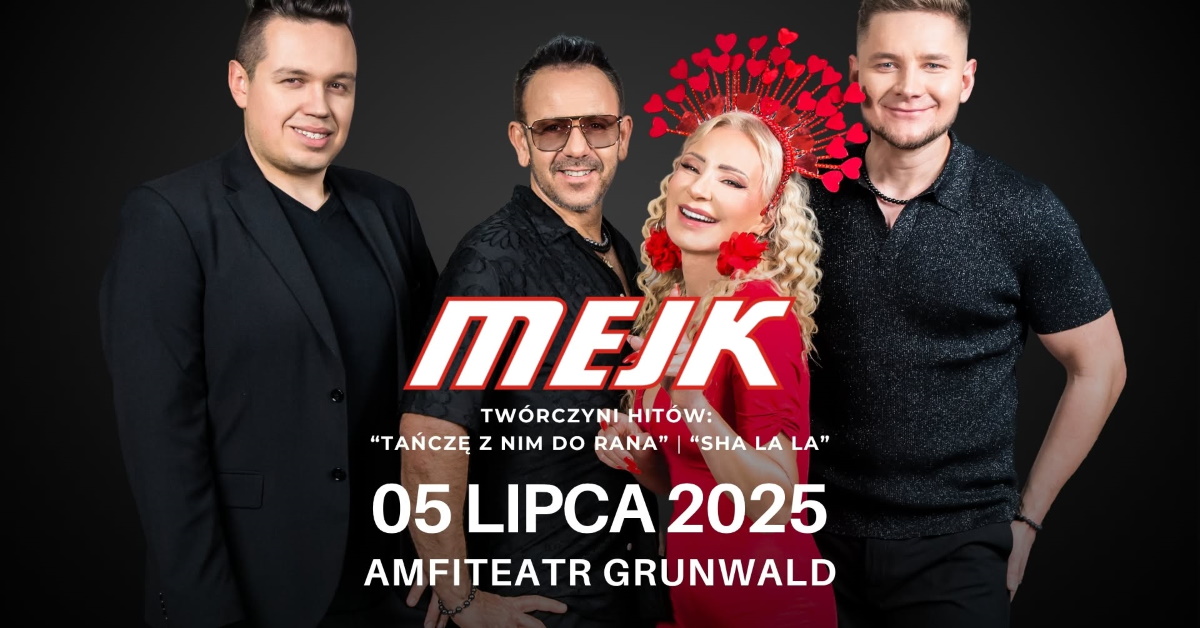 Plakat zapraszający w sobotę 5 lipca 2025 r. do Amfiteatru w Grunwaldzie na koncert zespołu Mejk Grunwald 2025.  