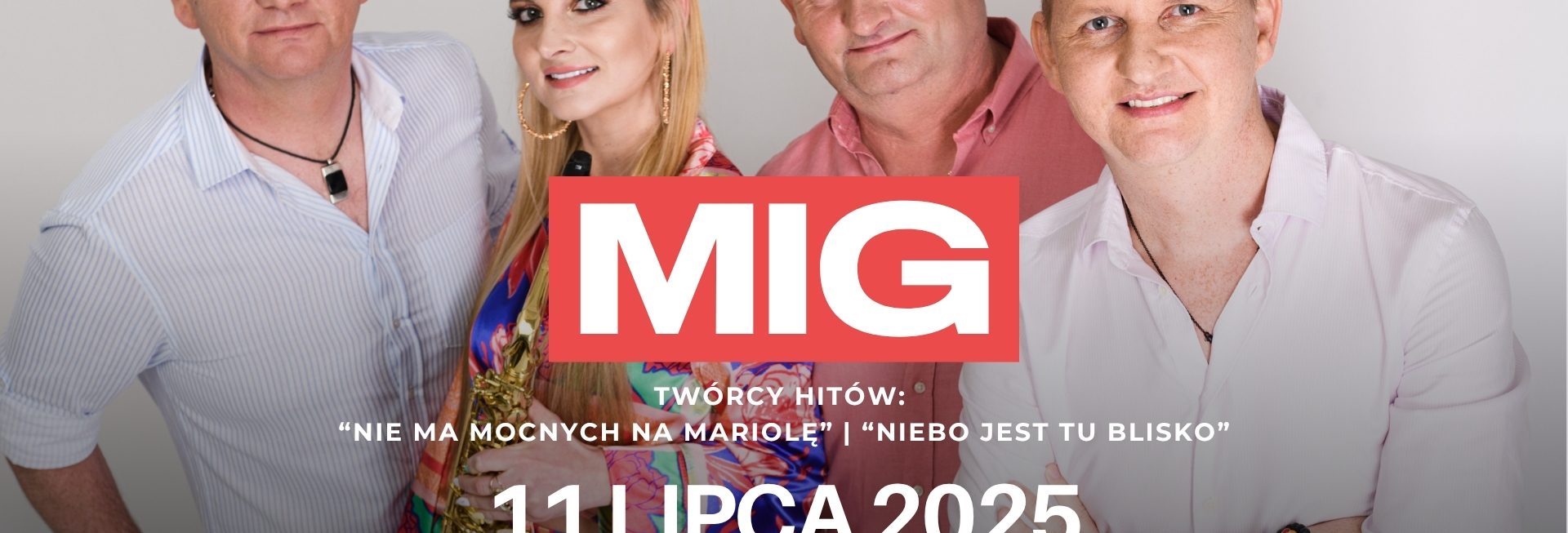 Plakat zapraszający w piątek 11 lipca 2025 r. do Amfiteatru w Grunwaldzie na koncert zespołu Mig Grunwald 2025.