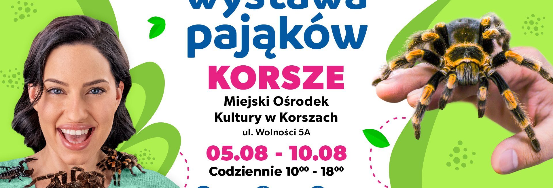Plakat zapraszający w dniach 5-10 sierpnia 2025 r. do miejscowości Korsze na Wystawę Pająków Korsze 2025.