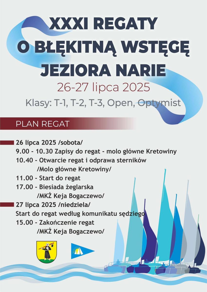 Plakat zapraszający w dniach 26-27 lipca 2025 r. do miejscowości Kretowiny na 31 edycję Regat o Błękitną Wstęgę Jeziora Narie Kretowiny 2025.
