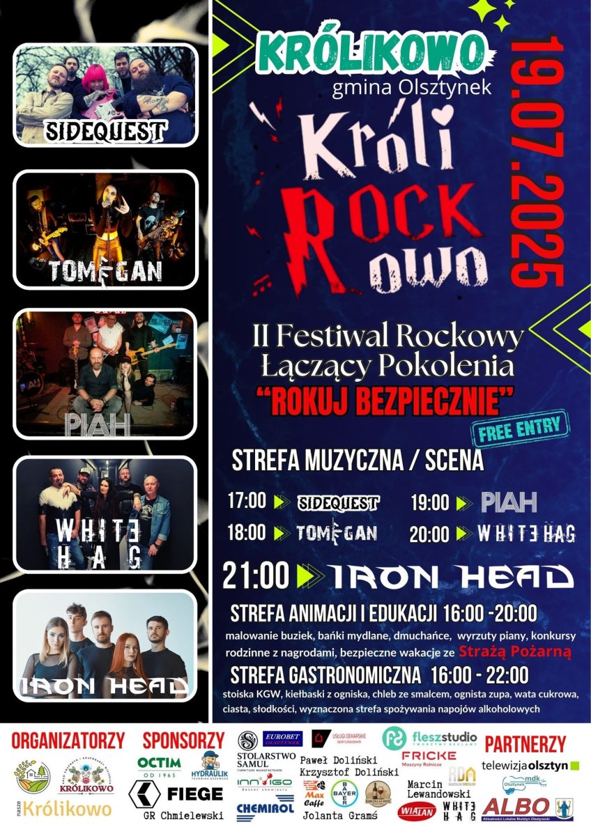 Plakat zapraszający w sobotę 19 lipca 2025 r. do miejscowości Królikowo w gminie Olsztynek na Festiwal Rockowy Królirockowo Królikowo 2025.