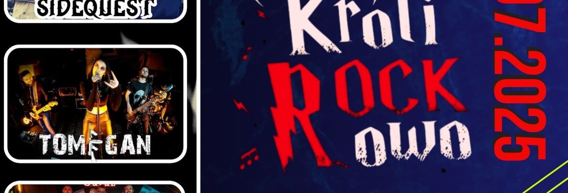 Plakat zapraszający w sobotę 19 lipca 2025 r. do miejscowości Królikowo w gminie Olsztynek na Festiwal Rockowy Królirockowo Królikowo 2025.