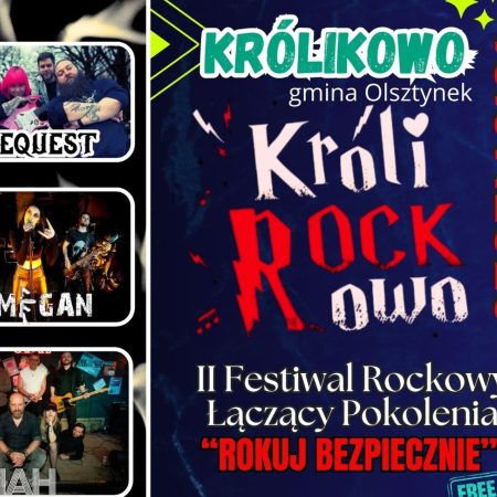 Plakat zapraszający w sobotę 19 lipca 2025 r. do miejscowości Królikowo w gminie Olsztynek na Festiwal Rockowy Królirockowo Królikowo 2025.