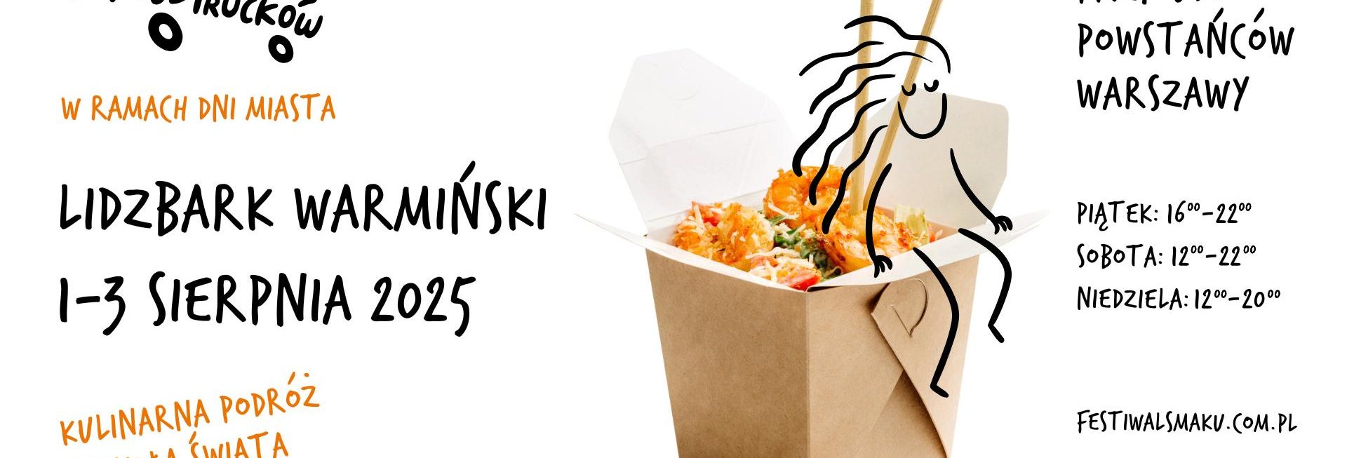Plakat zapraszający w dniach 1-3 sierpnia 2025 r. do Lidzbarka Warmińskiego na Festiwal Smaków Food Trucków Lidzbark Warmiński 2025.
