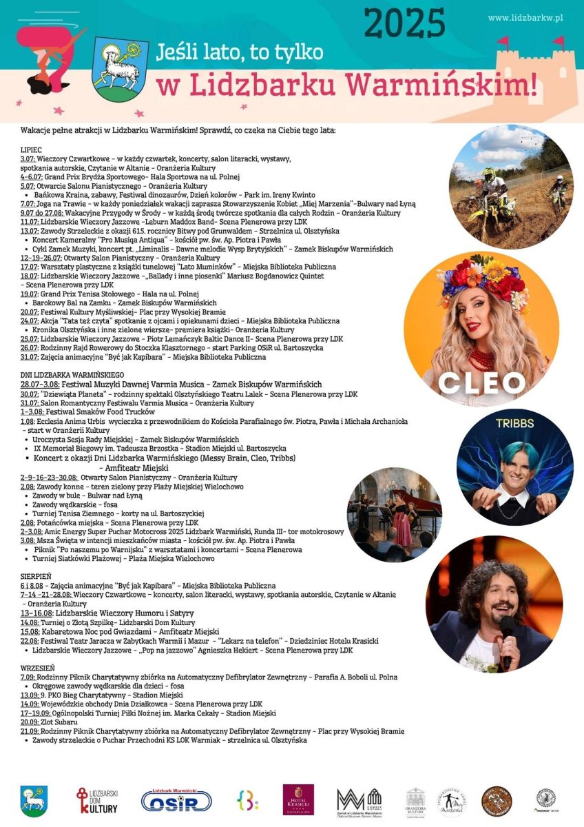 Kalendarz imprez na lato 2025 organizowanych w Lidzbarku Warmińskim.  