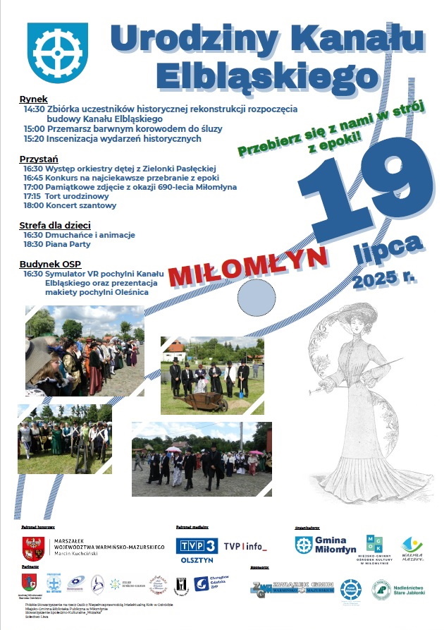 Plakat zapraszający w sobotę 19 lipca 2025 r. do Miłomłyna na Urodziny Kanału Elbląskiego Miłomłyn 2025.