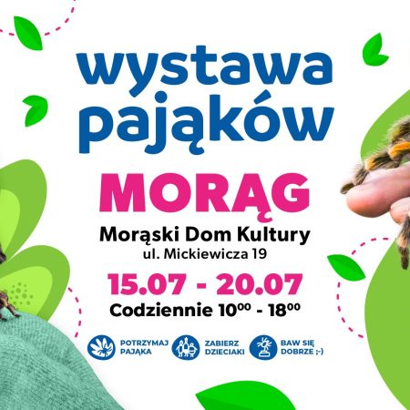 Plakat zapraszający w dniach 15-20 lipca 2025 r. do Morąga na Wystawę Pająków Morąg 2025.