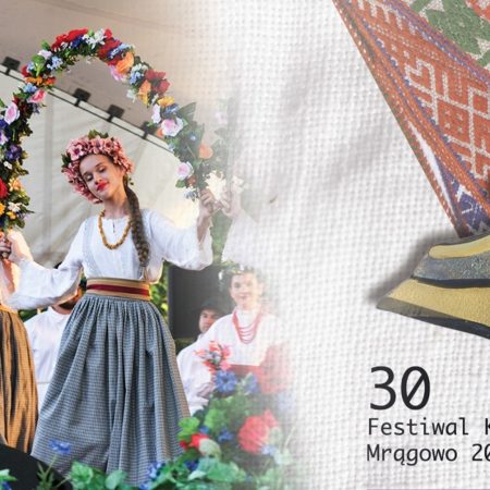 Plakat zapraszający w dniach 8-10 sierpnia 2025 r. do Mrągowa na 30. edycję Festiwalu Kultury Kresowej Mrągowo 2025.