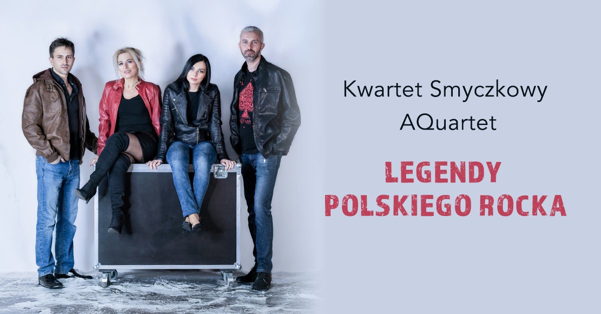 Plakat zapraszający w piątek 18 lipca 2025 r. do Mrągowa na Koncert na Deptaku Kwartet Smyczkowy Aquartet "Legendy Rocka" Mrągowo 2025.   