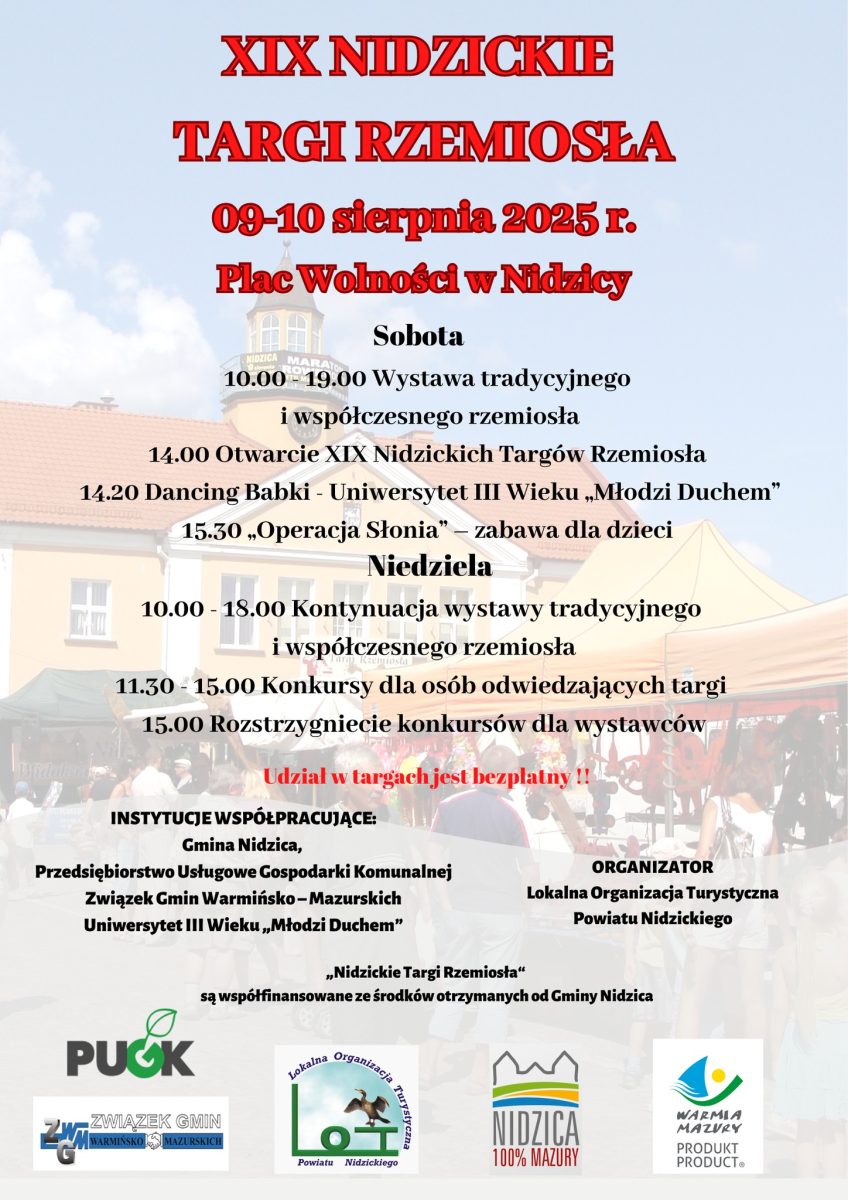 Plakat zapraszający w dniach 9-10 sierpnia 2025 r. do Nidzicy na 19. edycję Nidzickich Targów Rzemiosła Nidzica 2025.