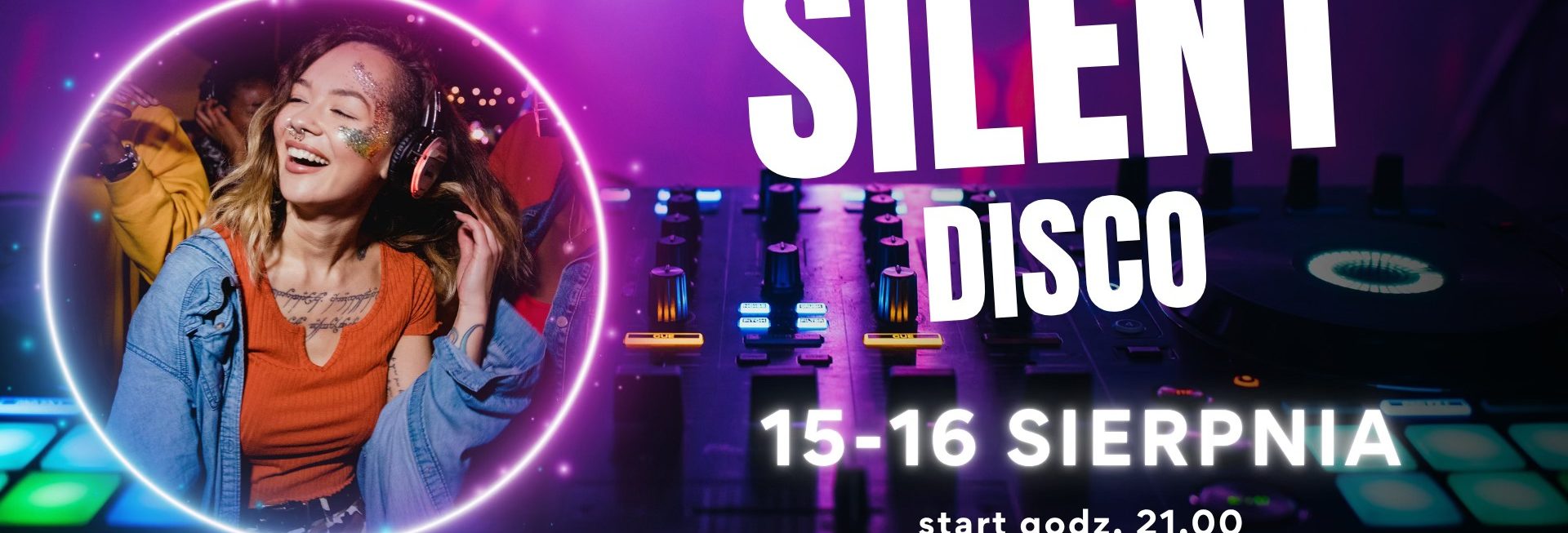 Plakat zapraszający w dniach 15-16 sierpnia 2025 r. do Olecka na Active Festival - Silent Disco Olecko 2025. 